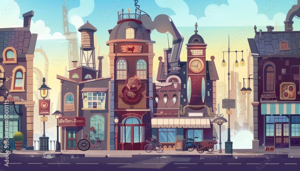 Fototapeta premium Steampunkc cityscape. Steampunk town, Vintage city with towering struckture. Urban fantasy landscape. Background illustration.