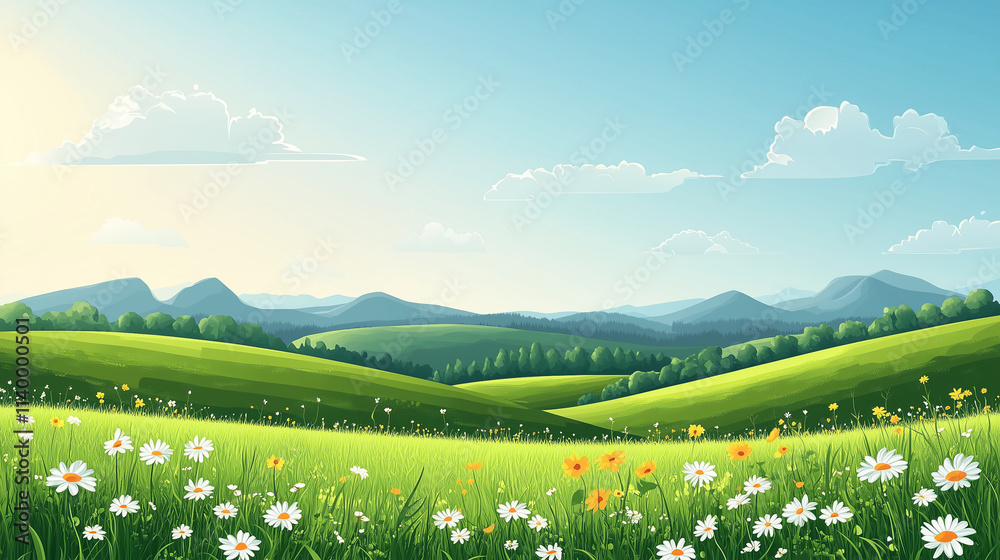 Fototapeta premium A minimalist vector landscape with rolling green hills and scattered wildflowers under a sunny sky