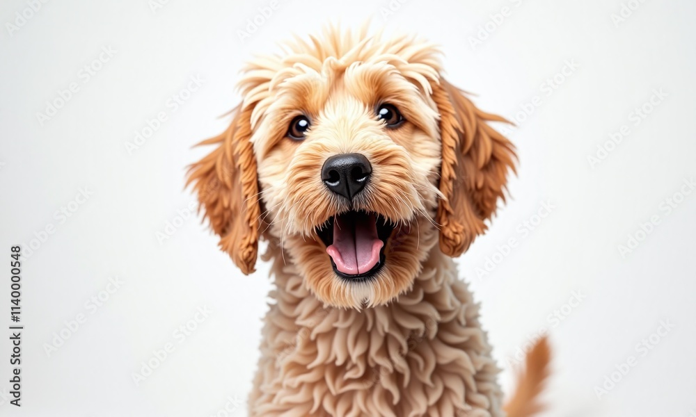 Cute golden doodle dog surprised expression open mouth Cute golden doodle dog surprised expression open mouth
