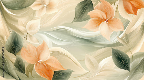 A seamless pattern of spring leaves and flowers in soft pastel colors