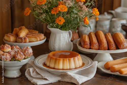 Homestyle dessert spread with flan, churros, and flowers on a rustic table.