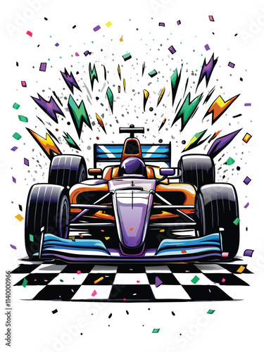 A Formula 1 racing car speeds across the finish line, confetti raining down, celebrating victory.  Focus on the car and the celebratory atmosphere.