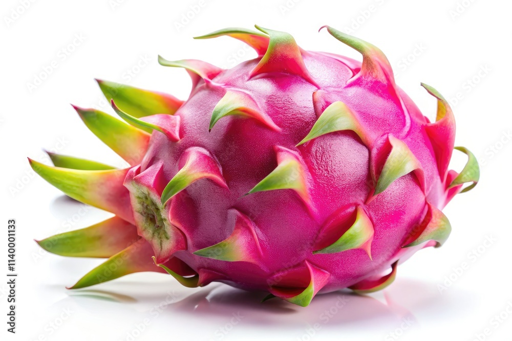 A striking, high-resolution image: a single, vibrant red dragon fruit against a pure white background. A striking, high-resolution image: a single, vibrant red dragon fruit against a pure white background.