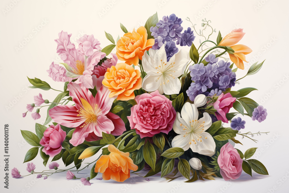 Obraz premium Bouquets of flowers on a white background. Flower themes. Floral arrangement. Florist profession. Sale of flowers. Purchase of flowers. PNG. Image for graphic designer. Image for flyers.