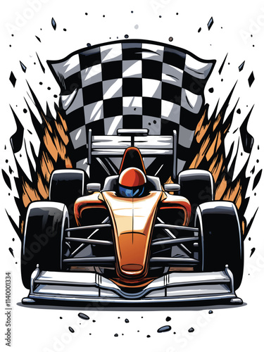 Stylized illustration of a Formula 1 racing car incorporated within a dynamic 'W' shaped checkered flag design.