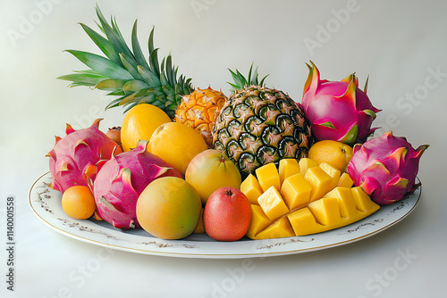 A Colorful Assortment of Tropical Fruits Including Pineapple, Mango, and Papaya. photo