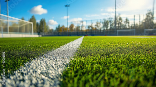 A soccer field with a white line down the middle