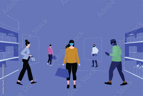 Diverse group of friends excitedly navigating a vibrant, futuristic virtual reality shopping mall, experiencing immersive retail therapy.