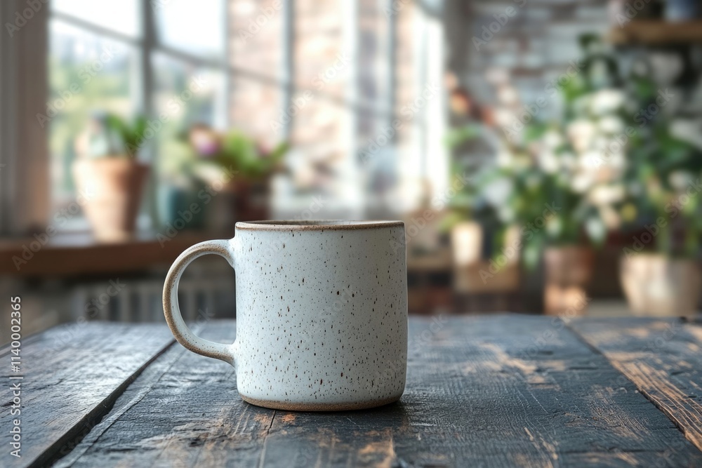 A speckled ceramic mug sits on a rustic wooden table, bathed in soft, natural light from a nearby window. A speckled ceramic mug sits on a rustic wooden table, bathed in soft, natural light from a nearby window.