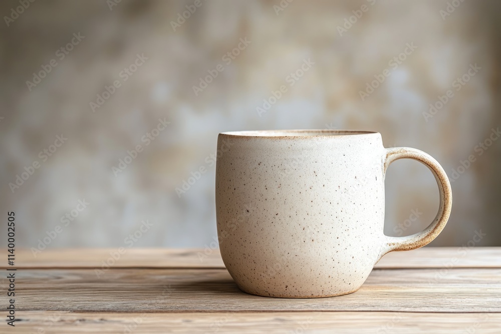 A speckled, off-white ceramic mug sits on a rustic wooden table against a blurred background. A speckled, off-white ceramic mug sits on a rustic wooden table against a blurred background.