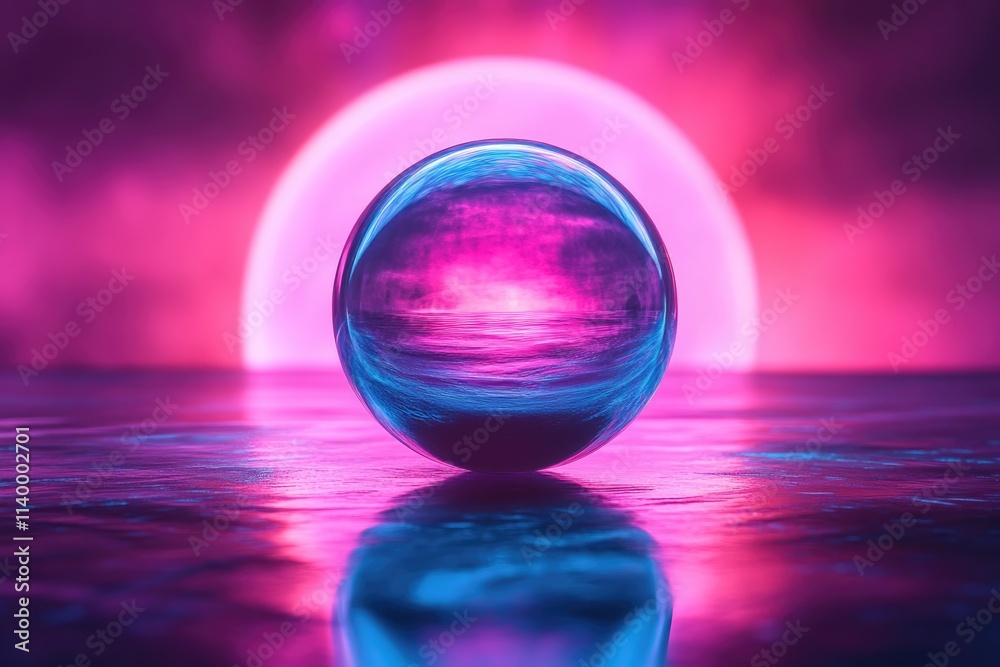 A glass sphere reflects a vibrant pink and blue sunset over a calm ocean, creating a surreal and captivating scene. A glass sphere reflects a vibrant pink and blue sunset over a calm ocean, creating a surreal and captivating scene.