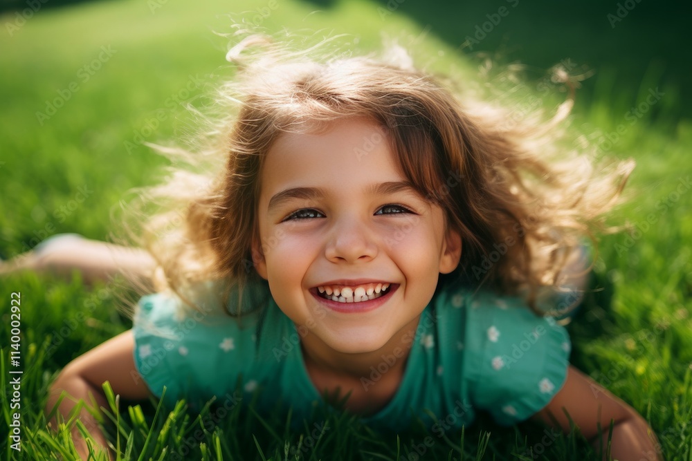 Portrait of a cheerful preschooler girl lying on green grass, enjoying a sunny summer day Portrait of a cheerful preschooler girl lying on green grass, enjoying a sunny summer day