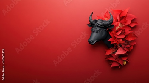 A striking bull's head sculpture adorned with vibrant red flowers against a solid red background, This visually appealing image can be used in themes related to art, decoration, or cultural symbolism photo