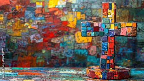 Cross in abstract mosaic art style, representing multicultural spiritual unity
