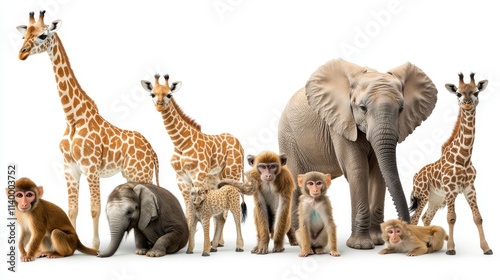 A diverse group of wild animals stands together on a white background, creating a striking representation of nature and wildlife