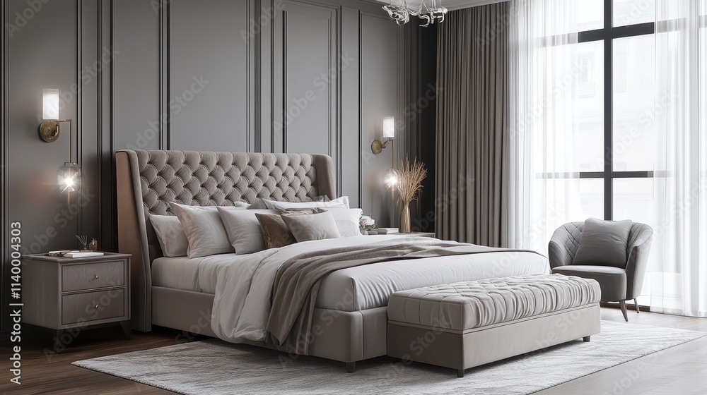 Fototapeta premium Modern bedroom design featuring a large soft bed with stylish decor in a cozy setting