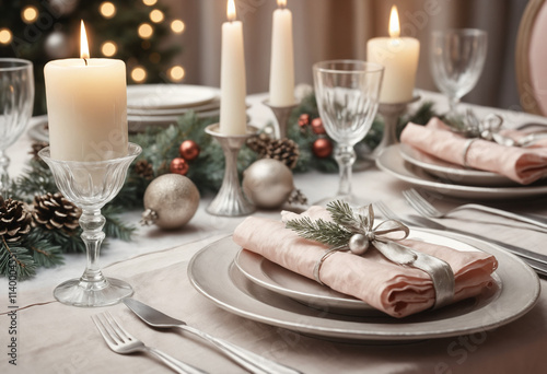 Elegant Christmas dinner table setting with candles and decor