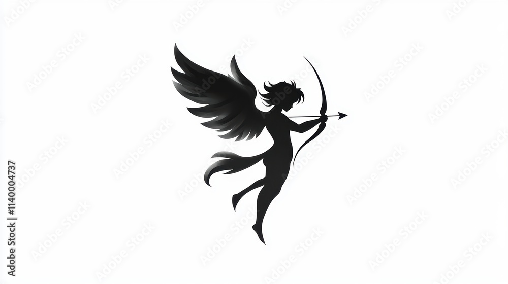 Fototapeta premium A silhouetted character with angelic wings holds a bow and arrow, symbolizing love or inspiration, Ideal for romantic themes, greeting cards, or illustrations related to myth and fantasy,