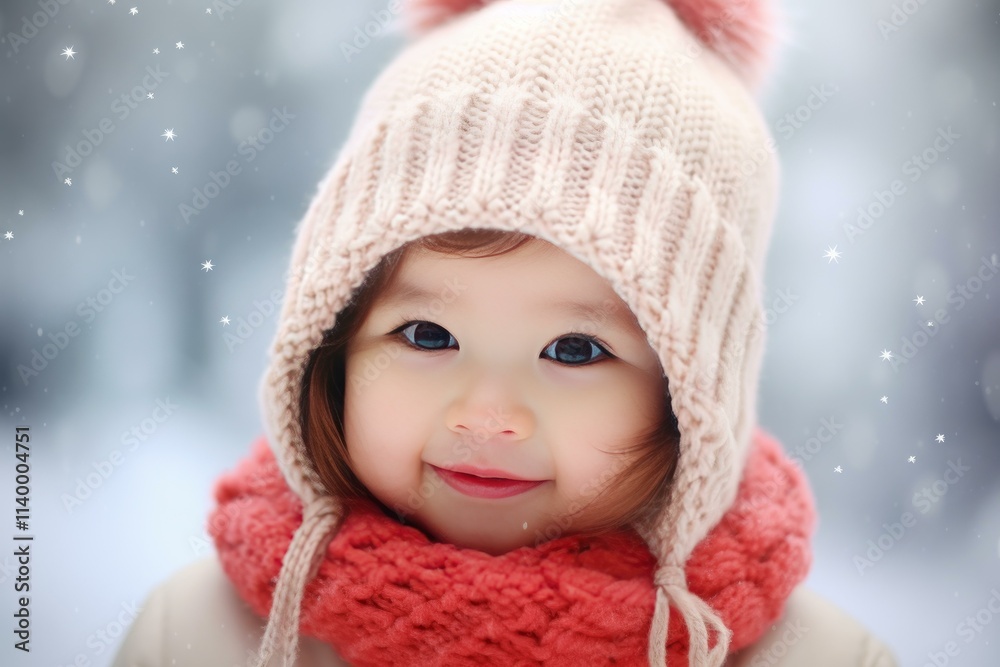 Portrait of adorable smiling toddler wearing warm winter clothes enjoying snowfall Portrait of adorable smiling toddler wearing warm winter clothes enjoying snowfall