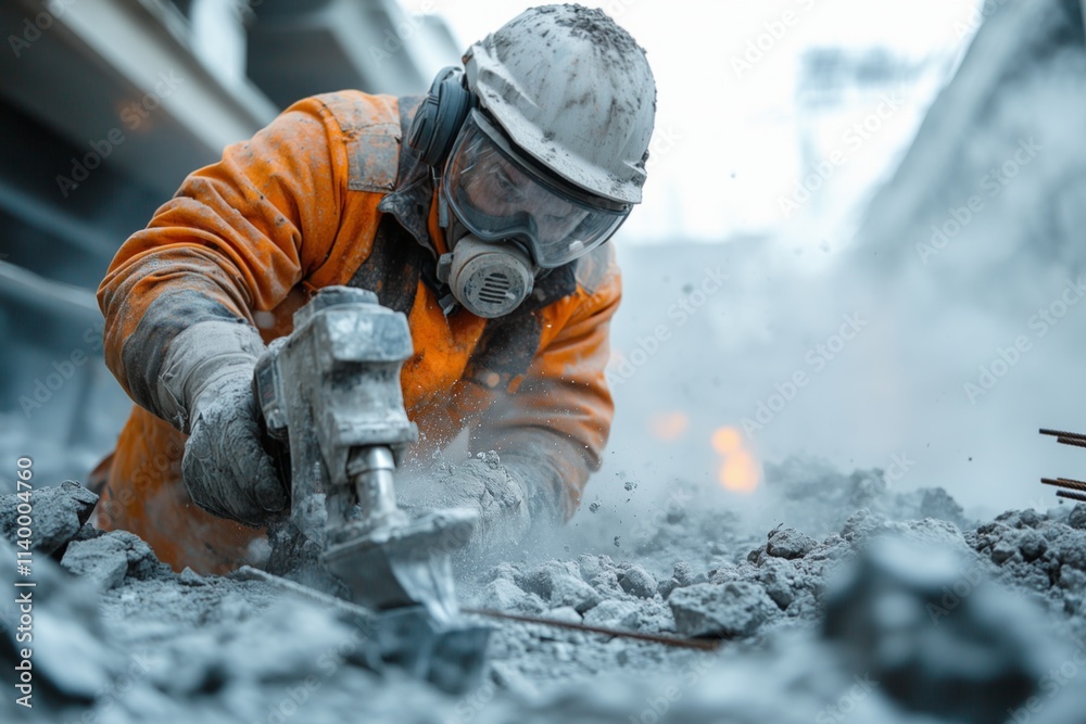 Construction worker using a jackhammer amid concrete debris and dust. Construction worker using a jackhammer amid concrete debris and dust.