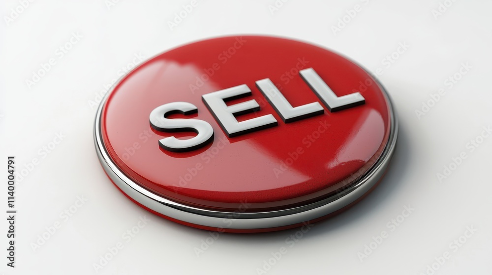 Bright red sell button on white background used for online transactions or retail settings Bright red sell button on white background used for online transactions or retail settings