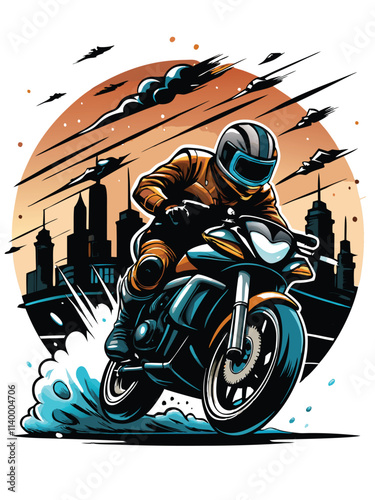 Futuristic cityscape backdrop, high-speed motorcycle race, neon lights, blurred motion, sleek bikes, adrenaline-fueled competition.