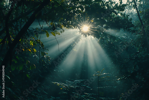 A Dense Green Rainforest with Sun Rays Piercing Through the Canopy. photo