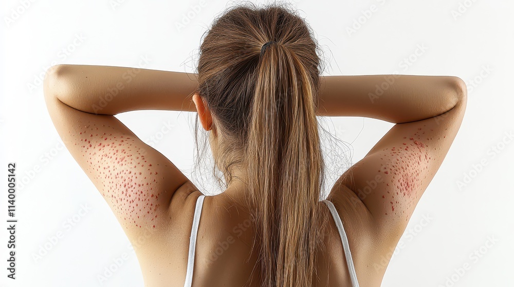 Woman showing allergic rash on back and arms in front of a white background Woman showing allergic rash on back and arms in front of a white background