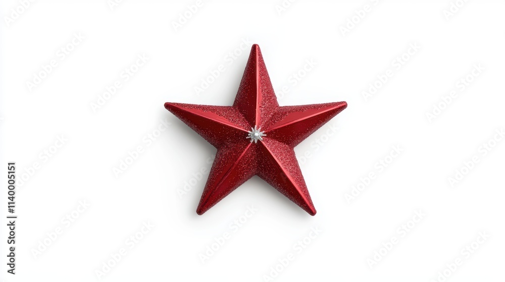 Obraz premium A vibrant red star ornament featuring a sparkling finish, ideal for holiday decorations, festive events, or graphic designs, Perfect for conveying a cheerful, seasonal atmosphere,