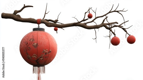 A vibrant red lantern hangs from a textured branch, adorned with decorative floral patterns, This image is ideal for cultural events, festive themes, or Asian-inspired design projects, photo