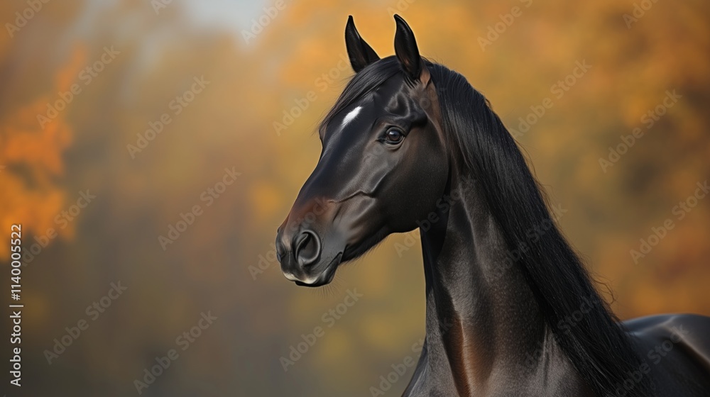 Black horse with glossy coat in autumn setting. Black horse with glossy coat in autumn setting.