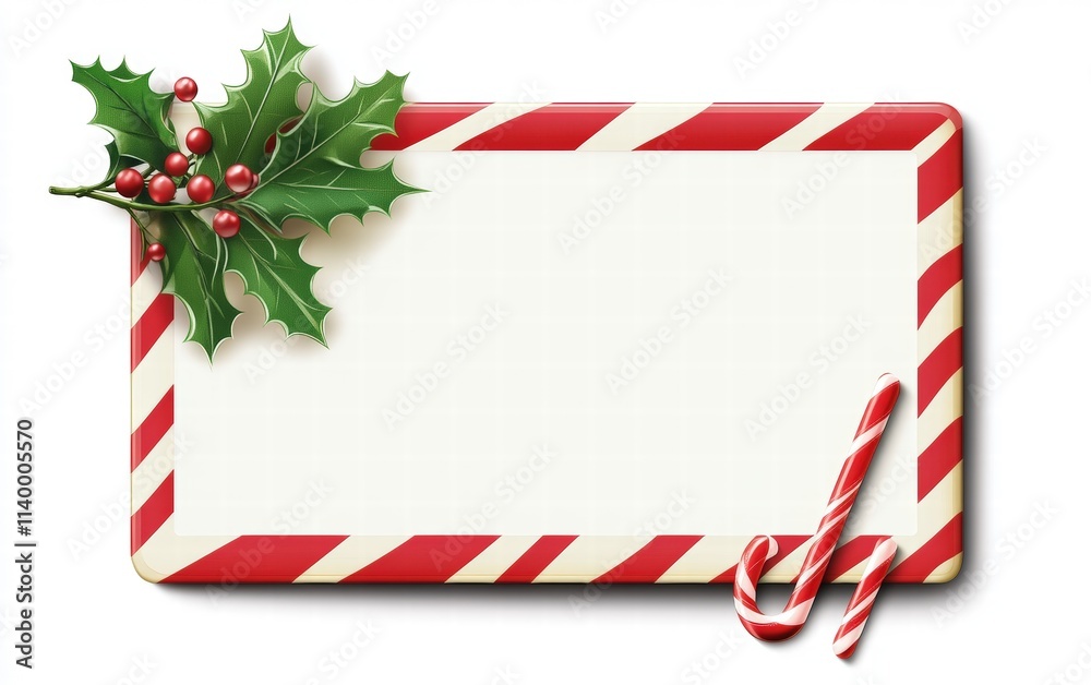 Fototapeta premium A rectangular sign designed with candy cane stripes and a sprig of mistletoe at the corner on a bright white background