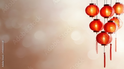 A vibrant display of red lanterns hangs gracefully against a soft, blurred background, This image is perfect for celebration-themed materials, cultural event promotions, or festive card designs, photo