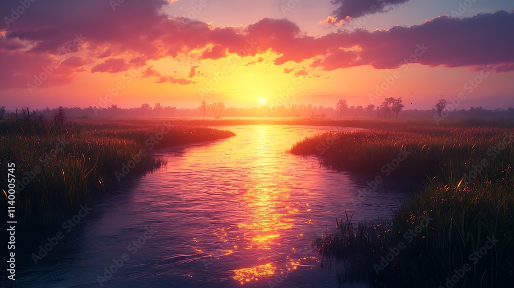 Streams merging into a river under a vibrant sunset, golden and pink hues reflecting off the water, wide-open landscape stretching into the distance, serene and cinematic, ultra-detailed. --ar 16:9 Streams merging into a river under a vibrant sunset, golden and pink hues reflecting off the water, wide-open landscape stretching into the distance, serene and cinematic, ultra-detailed. --ar 16:9