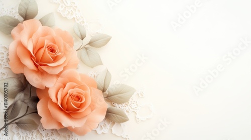 Fototapeta Naklejka Na Ścianę i Meble -  Soft peach roses with delicate leaves lie on a lace background, creating a serene and elegant composition, Ideal for wedding invitations, greeting cards, or beauty-related content,