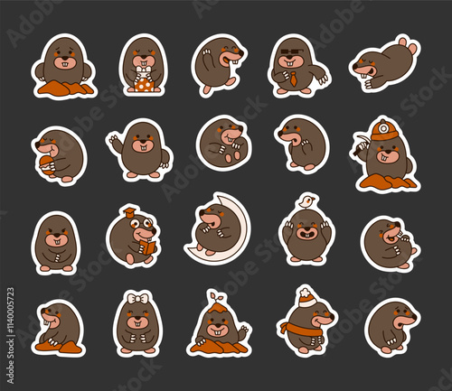 Set of mole animal characters showcasing emotions, accessories including hats, gift, and tool in adorable kawaii cartoon style for versatile graphic outline clipart illustrations