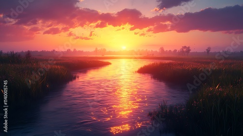 Streams merging into a river under a vibrant sunset, golden and pink hues reflecting off the water, wide-open landscape stretching into the distance, serene and cinematic, ultra-detailed. --ar 16:9