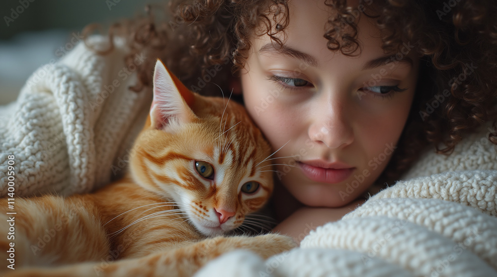 Young Woman Cuddling with Her ginger Cat, Pet Best Friend, Emotional Support Domestic Animal Young Woman Cuddling with Her ginger Cat, Pet Best Friend, Emotional Support Domestic Animal