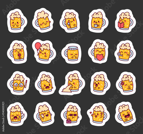 Set of beer mug cartoon characters featuring various emotions, accessories, and themes such as magic wand, glasses, heart, smartphone, and party blower for creative graphic illustrations.