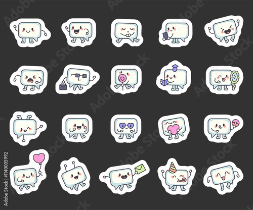 Speech cloud character set featuring cute kawaii cartoon emotions and elements with communication themes for creative dialogue and talking bubble illustrations in cheerful and positive designs