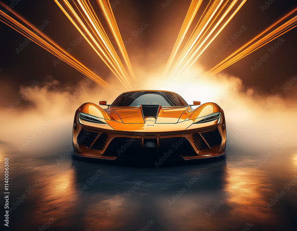 Orange Sports Car with Golden Light Beams and Fog Surrounding Orange Sports Car with Golden Light Beams and Fog Surrounding