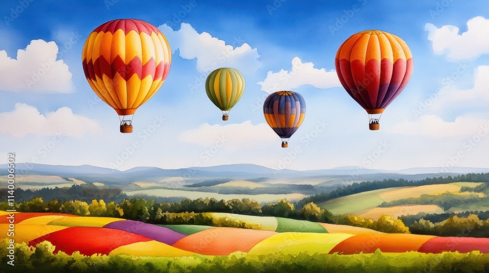 Fototapeta premium Colorful Hot Air Balloons Floating Over Vibrant Patchwork Fields Under Blue Sky
