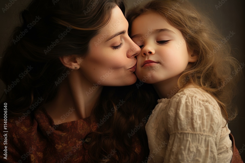 Mother expressing love and affection by kissing her daughter's cheek, creating a heartwarming moment of connection Mother expressing love and affection by kissing her daughter's cheek, creating a heartwarming moment of connection