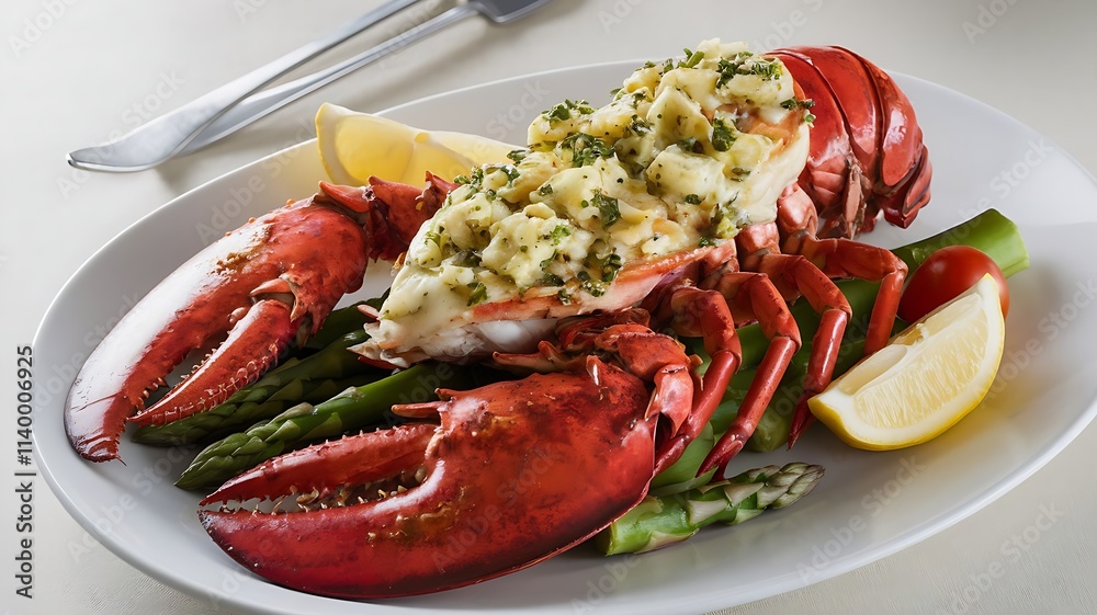 Lobster tail grilled with garlic herb butter, served with lemon wedges and steamed vegetables on elegant white serving dish Lobster tail grilled with garlic herb butter, served with lemon wedges and steamed vegetables on elegant white serving dish