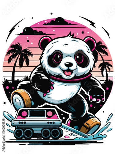 A cute, kawaii panda wearing rollerblades speeds through a vibrant, neon-lit cityscape at night.
