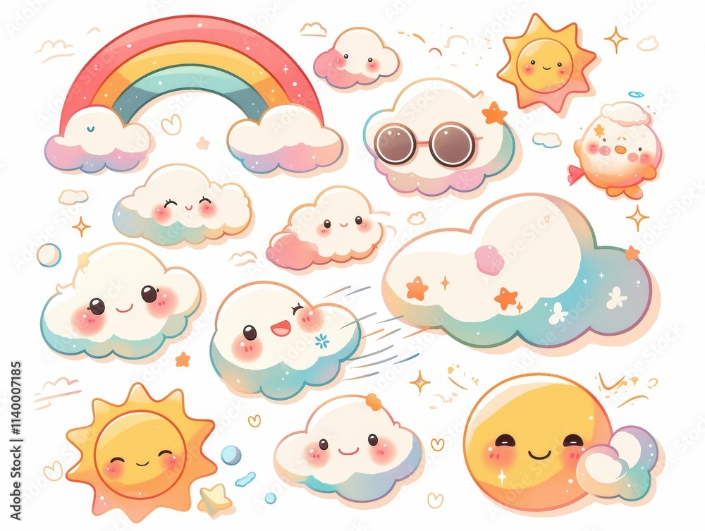 Cute, colorful illustrations of clouds, sun, and rainbow for cheerful designs. Cute, colorful illustrations of clouds, sun, and rainbow for cheerful designs.