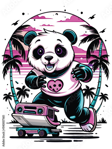 A cute, kawaii panda wearing rollerblades glides through a vibrant, neon-colored cityscape at night.