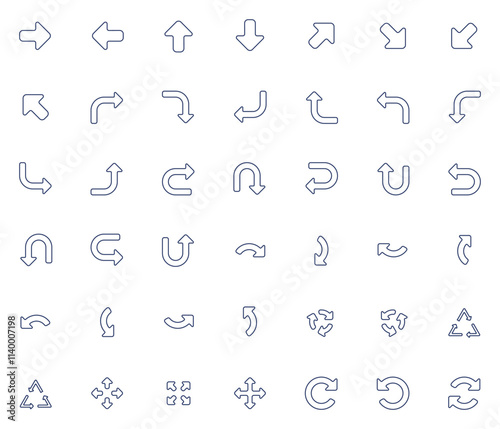 Vector Arrows icon set. Isolated arrow cursor collection. Simple modern pictogram shape - outline rounded style.