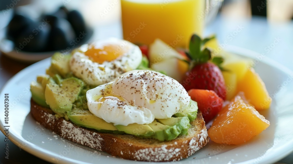 Avocado Toast with Poached Eggs and Fresh Fruits Avocado Toast with Poached Eggs and Fresh Fruits