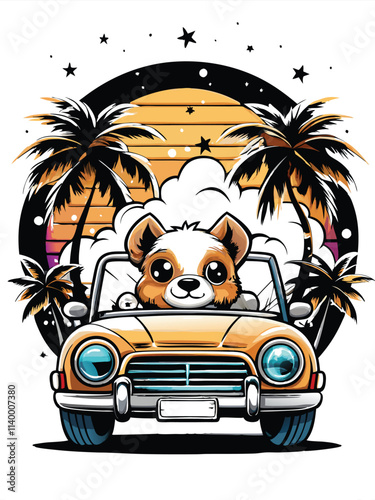 Adorable kawaii puppy happily driving a pink convertible, sunny beach, palm trees, cartoon style.